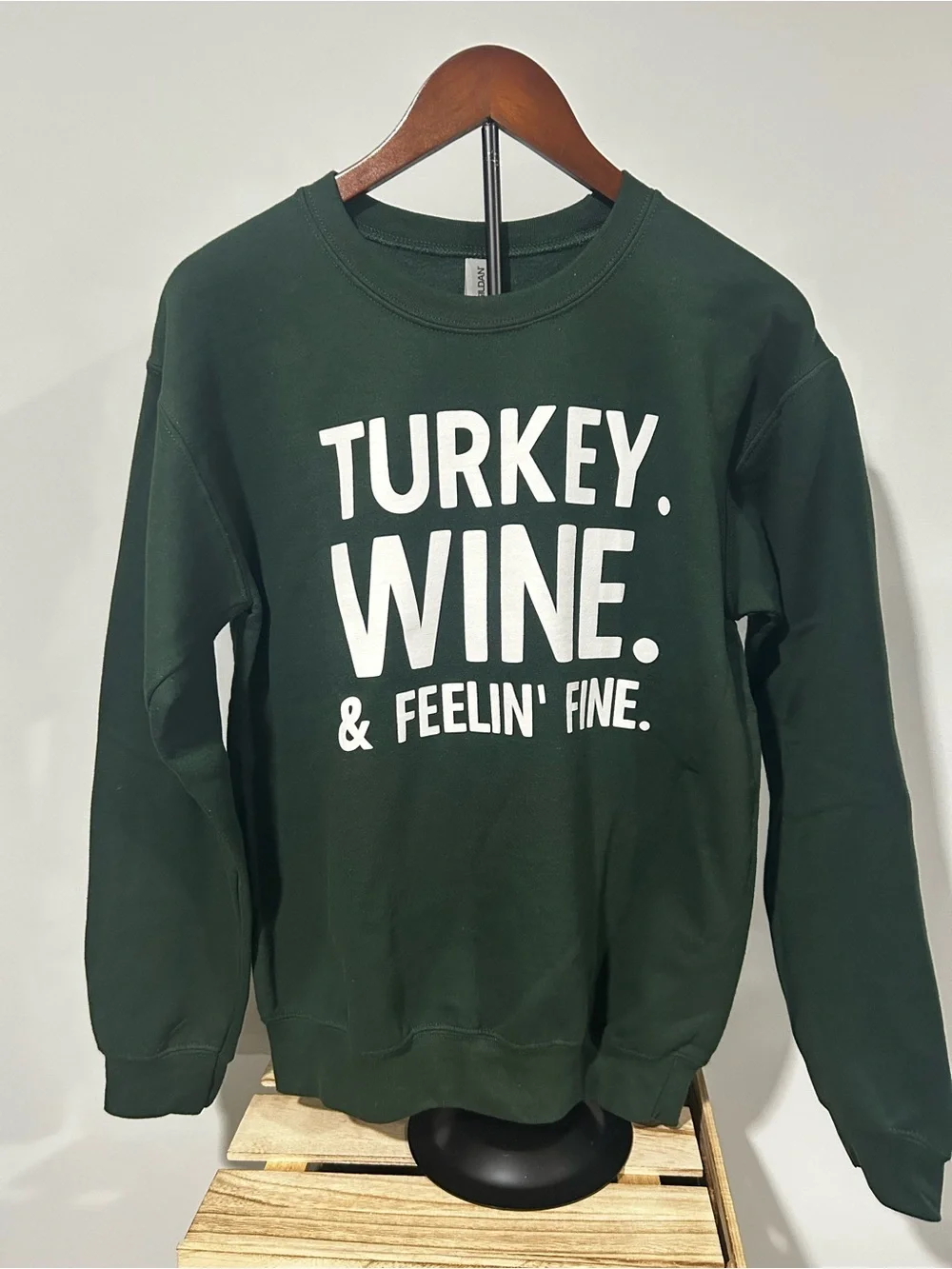 NEW Green Turkey. Wine. & Feelin’ Fine Graphic Thanksgiving Sweatshirt - Picture 1 of 1